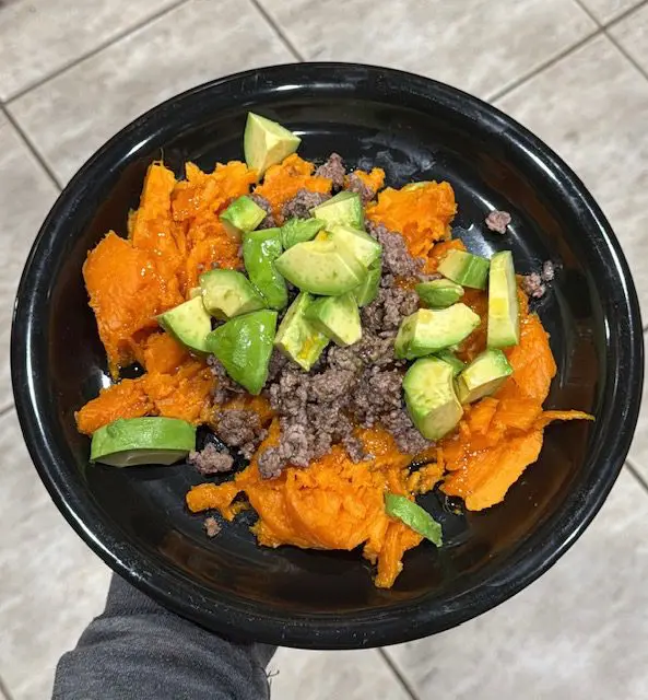 Bowl of sweet potatoes, beef, and avocado.